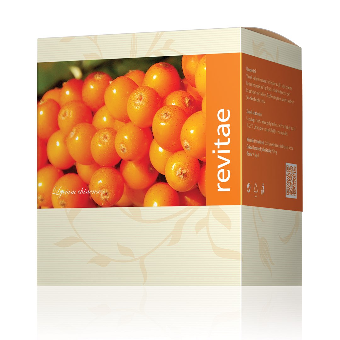 Revitae softgels packaging featuring vibrant orange sea buckthorn berries. Natural supplement for vitality, performance, and stress reduction.
